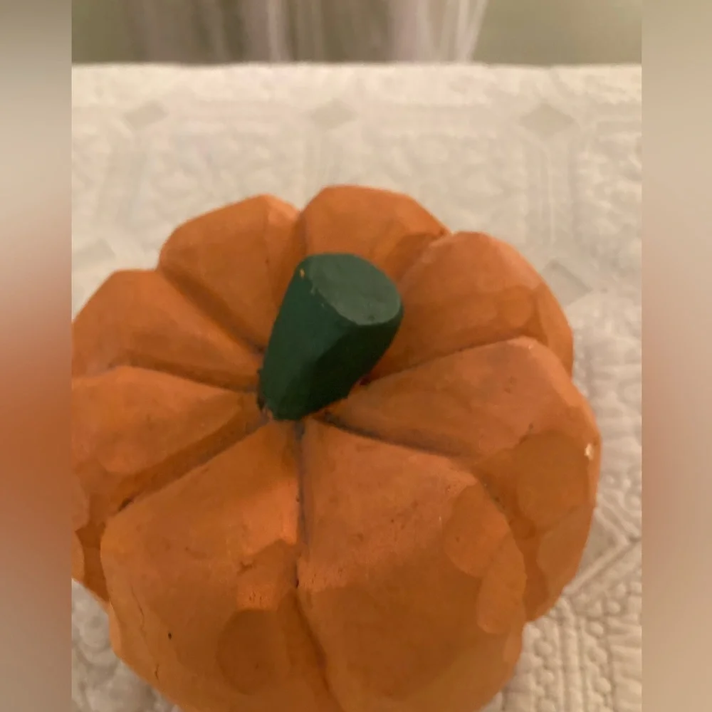 Solid Wood Hand Carved Pumpkin Green Stem Lots of Details